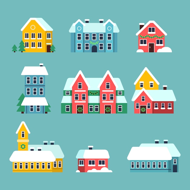 Casas de invierno Vacaciones de Navidad urbanas copos de nieve de la ciudad nevada en el conjunto de dibujos animados de techo de la casa