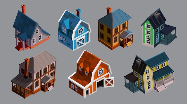 Casas isométricas en ilustración vectorial de estilo europeo Casas de colección aisladas en blanco para edificios y diseño de juegos de computadora Exterior arquitectónico para dibujos animados gráficos de juegos de ciudad 3d