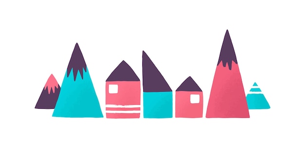 Casas de juguete y montañas ilustración vectorial plana. Juguetes infantiles cónicos. Juego de niños, kit de construcción. Paisaje de montaña rural abstracto. Edificios de la aldea y colinas aisladas sobre fondo blanco.