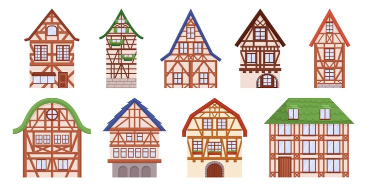 Vector casas de madera decoradas con encantadoras estructuras arquitectónicas con marcos de madera expuestos llenos de ladrillo o yeso que muestran una ilustración vectorial de dibujos animados de diseño distintivo e histórico