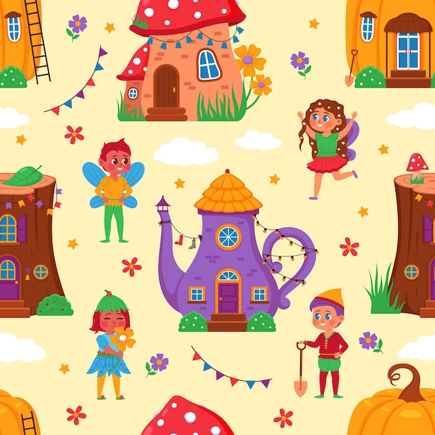 Vector casas mágicas de patrones sin fisuras pequeñas casas divertidas criaturas fabulosas con flores y guirnaldas lindas hadas y elfos fondo infantil decoración textil papel de regalo impresión vectorial