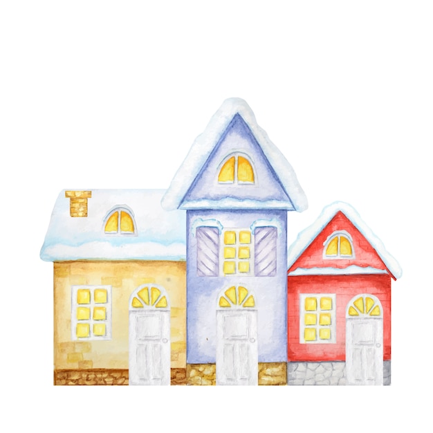 Casas de navidad de invierno de dibujos animados. vista frontal de la casa roja, amarilla y azul. concepto de tarjeta de felicitación de año nuevo acuarela