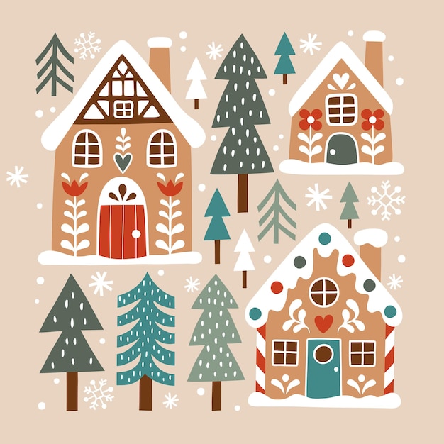 Casas de pan de jengibre de Navidad y pinos nevados vector dibujado a mano ciudad de Navidad