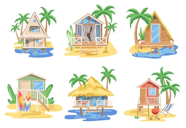 Vector casas de playa edificios tropicales cabañas de verano y bungalows colocados en la isla exótica conjunto aislado