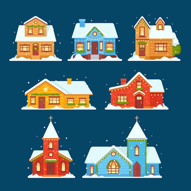 Casas privadas navideñas, cabañas e iglesias decoradas con guirnaldas, ramas de abeto y nieve en el techo. Viviendas decoradas para Navidad aislado sobre fondo azul. Ilustración vectorial de dibujos animados