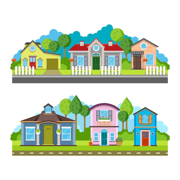 Casas de pueblo residenciales, paisaje urbano.