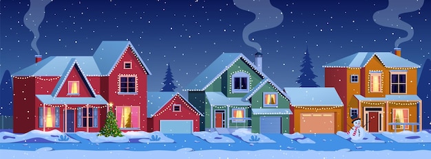 Casas residenciales con decoración navideña en la noche dibujos animados paisaje invernal calle con nieve en los techos y guirnaldas navideñas árbol de navidad muñeco de nieve ilustración vectorial