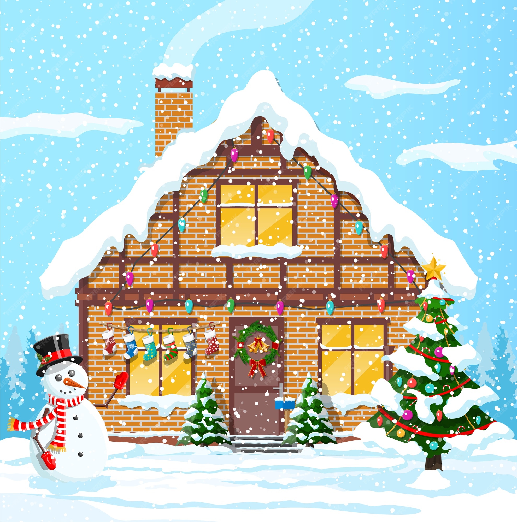 Casas suburbanas cubiertas de nieve. edificio en adorno navideño. abeto de  árbol de paisaje de navidad, muñeco de nieve. feliz año nuevo decoración.  feliz navidad. celebración de navidad de año nuevo. ilustración |