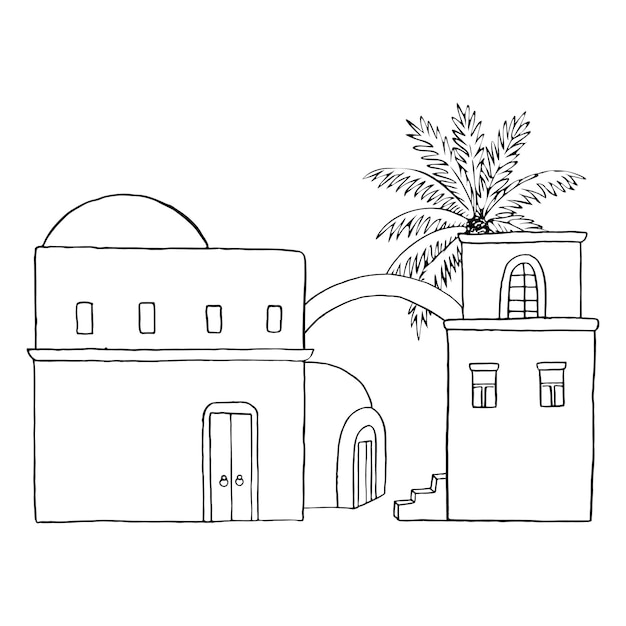 Casas tradicionales de la ciudad de Jerusalén del Medio Oriente o el país árabe ilustración vectorial en blanco y negro