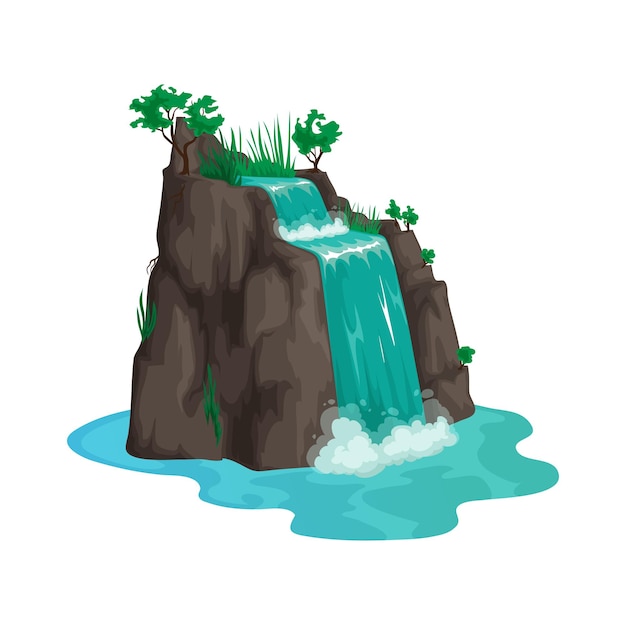 Cascada de agua de dibujos animados Cascada de hierba y árboles