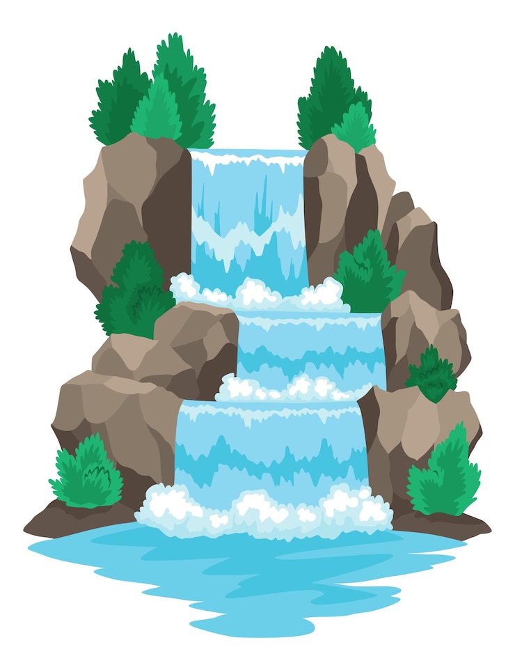Vector cascada de cascada de río de dibujos animados paisaje con montañas y árboles elemento de diseño para folleto de viaje o juego móvil de ilustración agua natural fresca