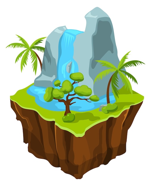 Cascada isométrica en la isla voladora Ubicación del juego de dibujos animados