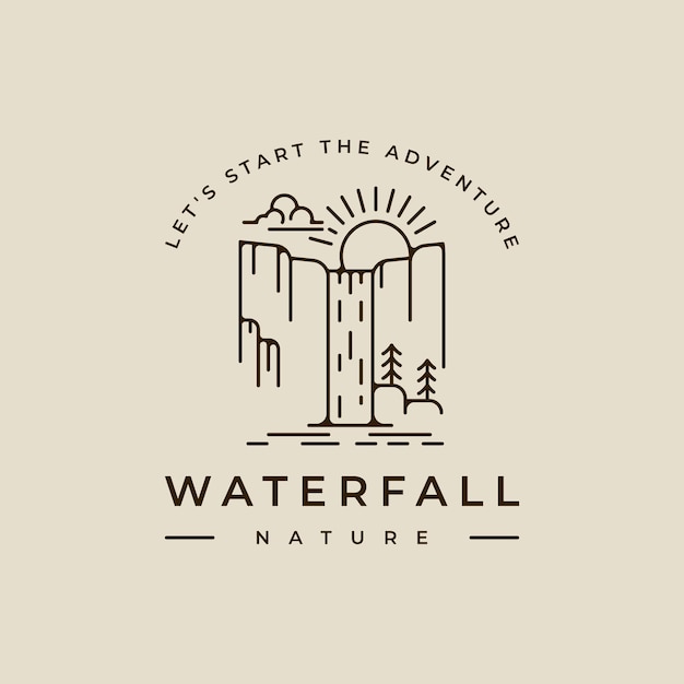cascada logo línea arte vector ilustración plantilla icono diseño gráfico simple minimalista de naturaleza y aventura signo o símbolo para el medio ambiente viajes negocios con estilo tipográfico
