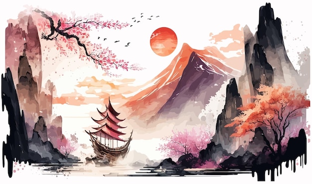 Cascada y paisaje de montaña en el fondo de estilo chino en estilo japonés minimalista oriental tradicional Ilustración vectorial