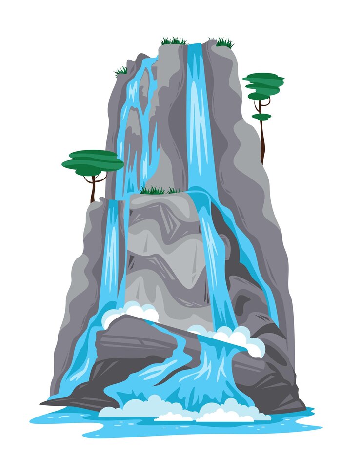 Vector cascada que cae desde la cima de la montaña ilustración aislada