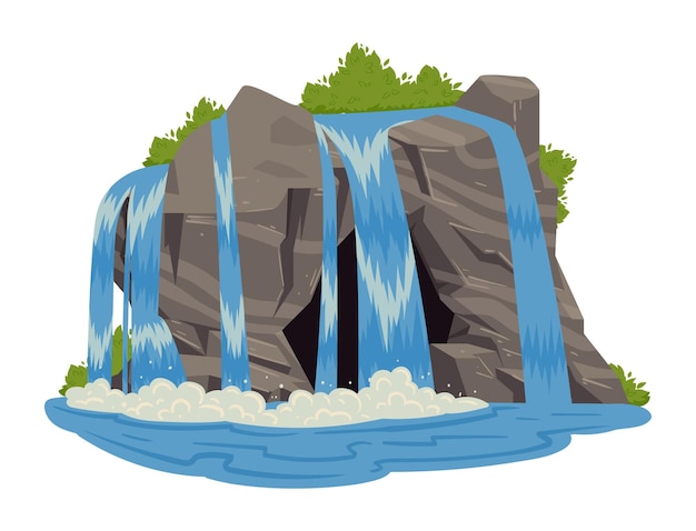 Cascada del río de montaña Dibujos animados paisaje de naturaleza salvaje con rocas y arbustos Cascada de cascada ilustración vectorial plana