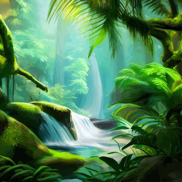 Vector cascada de la selva, río pintoresco en el bosque tropical, el agua cae en el paisaje del bosque del arroyo del lago