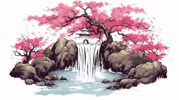 La cascada tradicional japonesa del árbol de la flor de fondo transparente