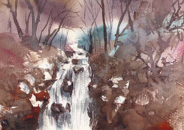 Cascadas en bosque pintado a mano de acuarela