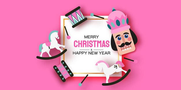 Cascanueces de azúcar rosa, tambor, caballos mecedores. Feliz fiesta de navidad. Figura feliz año nuevo. Fiesta de ballet de diciembre. Estilo artesanal de papel de juguetes vintage. Vacaciones de invierno. Espacio para texto. Vector.