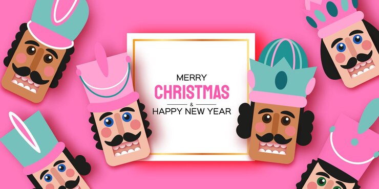 Vector cascanueces de navidad de azúcar rosa en estilo de corte de papel. juguete lindo soldado. diciembre fiesta de ballet. invitación creativa feliz navidad. feliz año nuevo. vacaciones de invierno. espacio para texto. vector