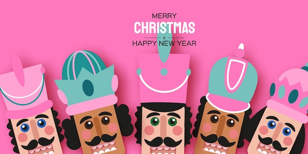 Cascanueces de Navidad de azúcar rosa en estilo de corte de papel. Juguete lindo soldado. Diciembre Fiesta de Ballet. Invitación creativa Feliz Navidad. Feliz Año Nuevo. Vacaciones de invierno. Espacio para texto. Vector