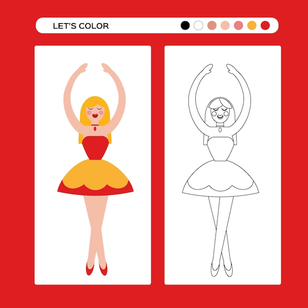 Cascanueces niña bailarina de ballet Ballet Página para colorear Juego educativo para niños en diseño plano y esquema Libro para colorear de invierno