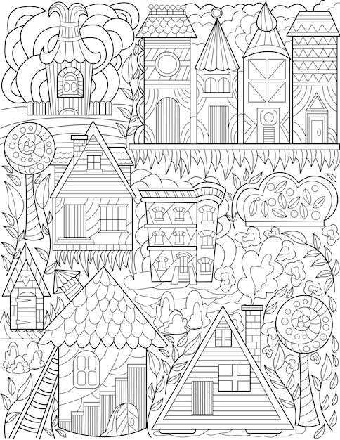 Casco antiguo doodle árboles altos casas dibujo lineal incoloro clásico pueblo garabatos conjunto alto