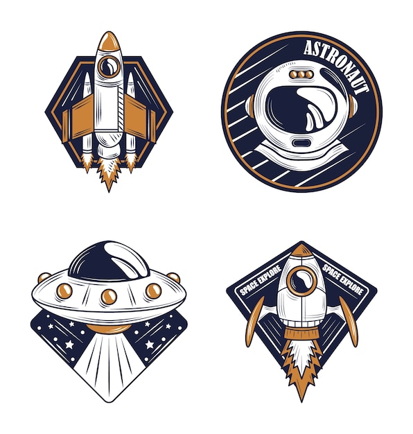 casco de astronauta de explorador espacial, iconos de insignia de diseño de OVNI y nave espacial