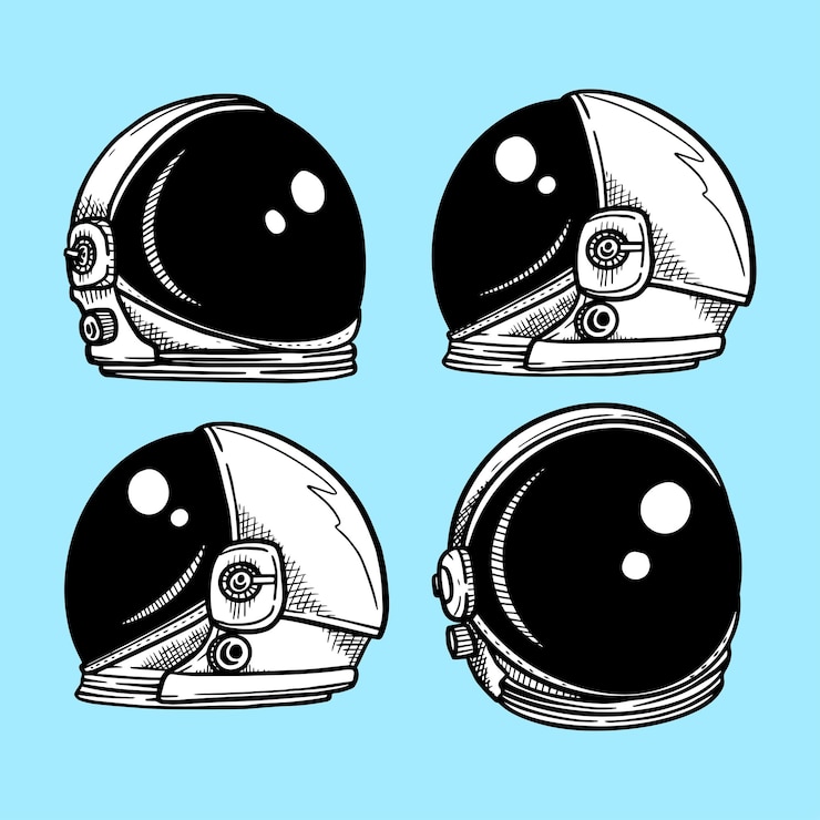 Vector casco de astronauta ilustración dibujada a mano en blanco y negro