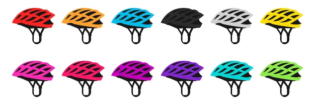 Casco de bicicleta de colección en iconos de diferentes colores. ilustración vectorial