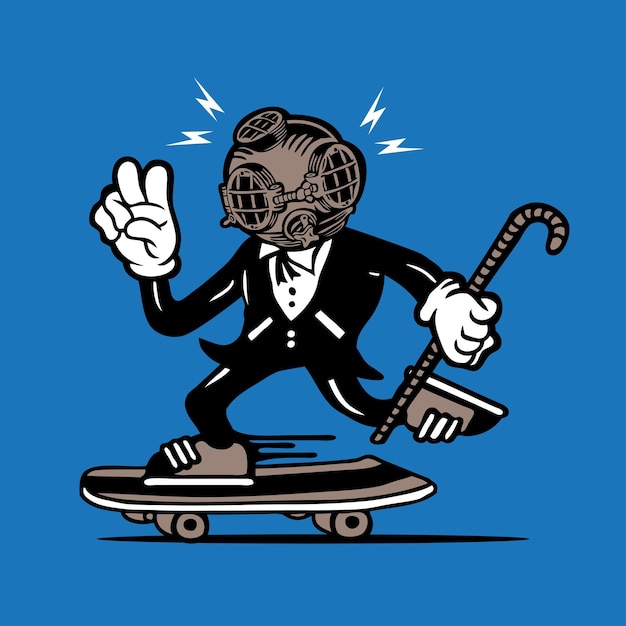 Vector casco de buzo retro vintage de skate en vector de dibujo a mano de diseño de personaje de mascota de esmoquin