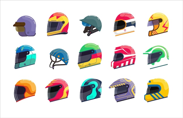 Casco de casco de uniforme deportivo de carreras con conjunto de visera cerrada. Sombrero de conductor de motor seguro para rally de velocidad, motocross o ilustración de vector de sombrero protector de fórmula aislado sobre fondo blanco