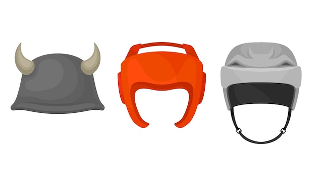Casco como cubierta protectora de la cabeza aislado en un conjunto vectorial de fondo blanco