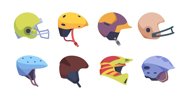 Casco deportivo. Colección de ilustraciones vectoriales de casco de accidente de seguridad de moto. Casco de béisbol y hockey de color