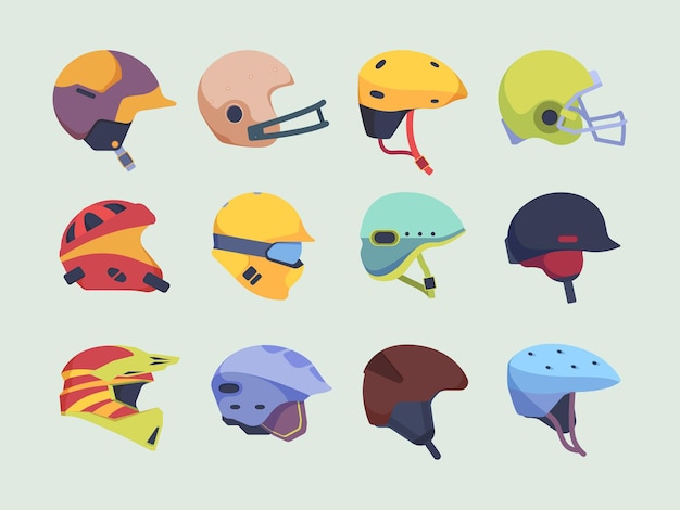Casco deportivo de seguridad. Los artículos de protección contra accidentes de cabeza compiten con hockey de motos y vector de casco de paintball. Ilustración de casco de protección para moto y equipamiento deportivo.