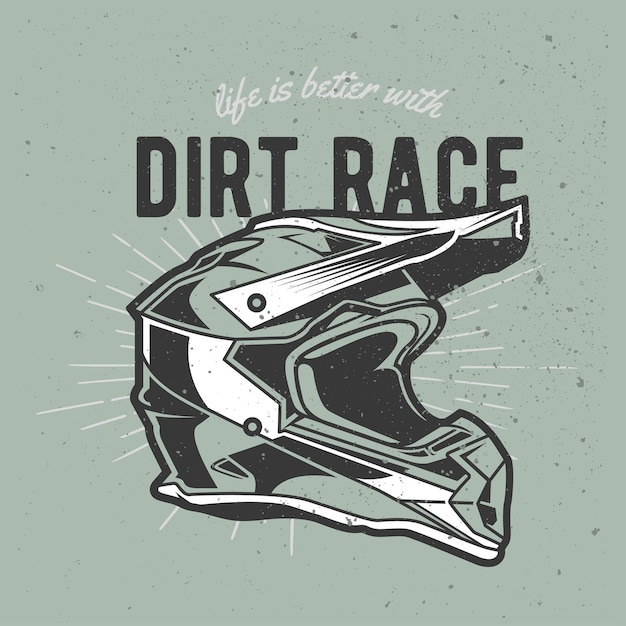 Vector casco de motocross vintage dibujado a mano con efecto grunge y fondo de explosión de estrellas