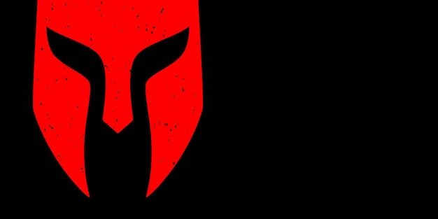 Casco rojo guerrero gladiador en un diseño de banner de vector de fondo negro con espacio de copia