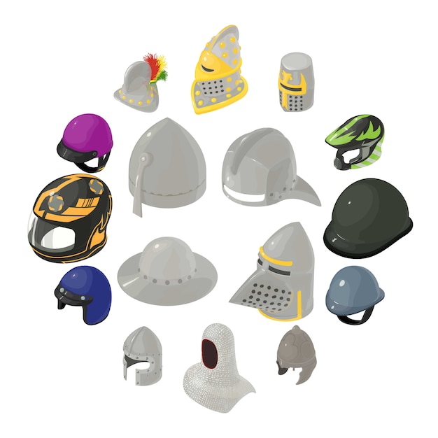 Casco sombrero conjunto de iconos, estilo isométrico