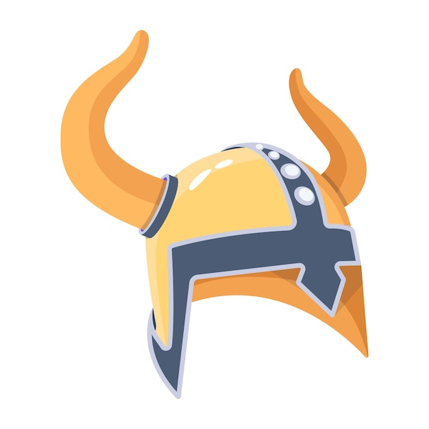 Un casco vikingo amarillo con una flecha azul en el frente.