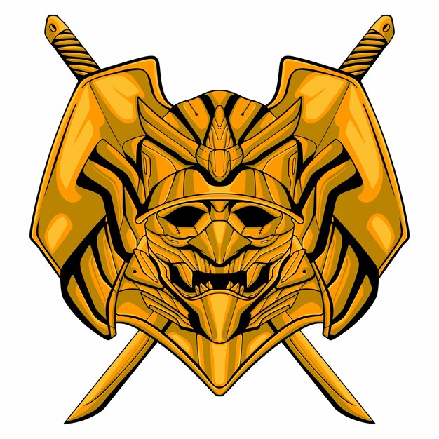 Un casco vikingo dorado con dos espadas.