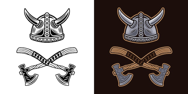 Vector casco vikingo y dos ejes cruzados ilustración vectorial en dos estilos negro sobre blanco y colorido sobre fondo oscuro