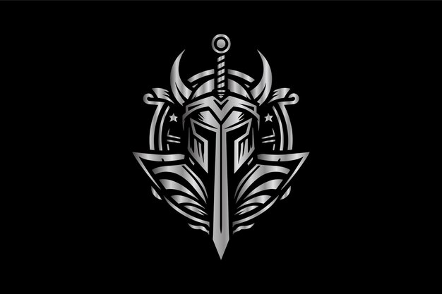 Casco vikingo y espada Esport Mascota Diseño del logotipo con vector de escudo circular