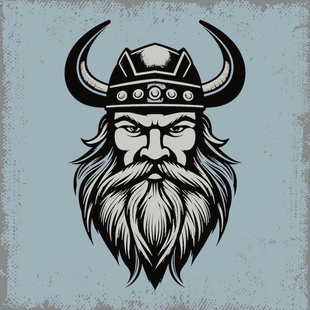 Un casco vikingo con una larga barba blanca sobre un fondo azul.