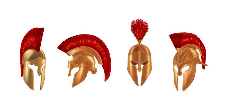 Vector cascos de metal de bronce realistas en diferentes ángulos cascos espartanos