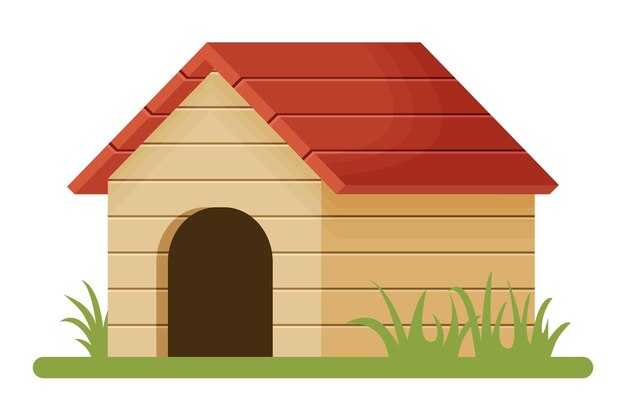 Caseta de perro de madera con techo rojo aislado en blanco