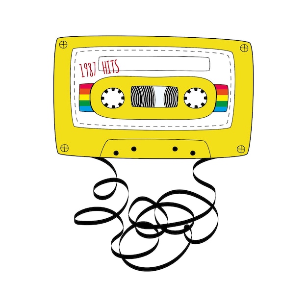 Casete de cinta compacto amarillo. Cinta de cassette de audio retro en estilo doodle aislado sobre fondo blanco. Ilustración vectorial en blanco y negro para banners web, anuncios, pegatinas, etiquetas, camiseta