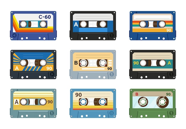 Casetes de cinta de audio de dibujos animados Música audio 80s cintas vintage reproductor analógico casete antiguo ilustración vectorial plana en fondo blanco