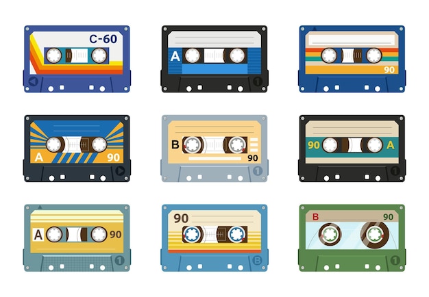 Casetes de cinta de audio de dibujos animados música audio 80s cintas vintage reproductor analógico casete antiguo ilustración vectorial plana en fondo blanco