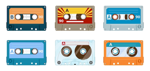 Casetes de cinta estéreo de los 80 Grabado de cinta vintage de dibujos animados de los 90 Reproductor analógico de cassette de audio de música Ilustración de vector plano de cinta antigua sobre fondo blanco